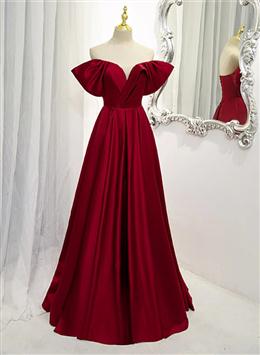 Picture of Wine Red Color Satin A-line Floor Length Party Dress, Burgundy Long Formal Dress